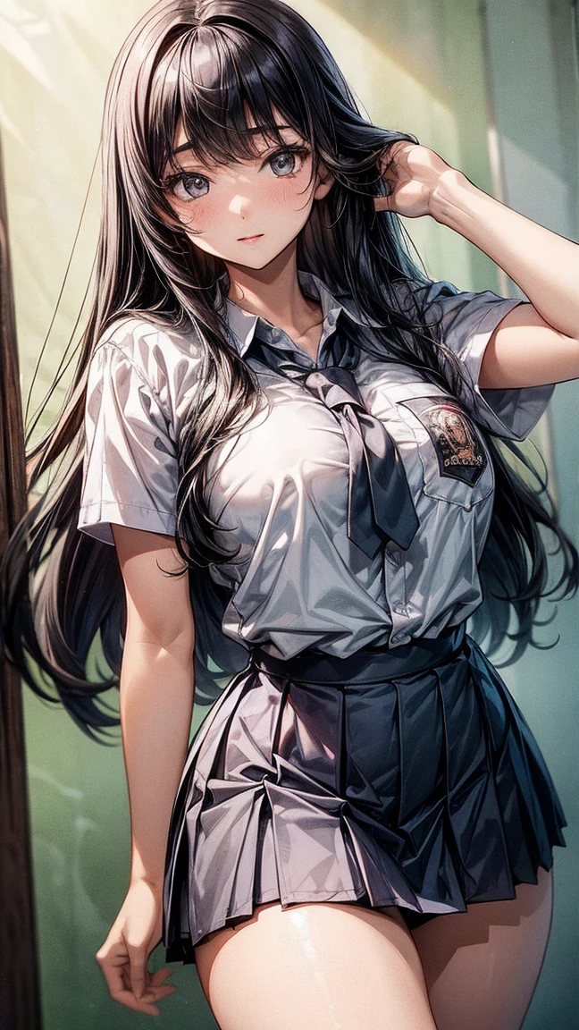 1 woman, 16 years old, full fringe long hair, voluptuous body, black eyes, Indonesian high-school uniform, white shirt, osis logo on shirt pocket, large breasts, grey pleated skirt, half-shot, innocent,