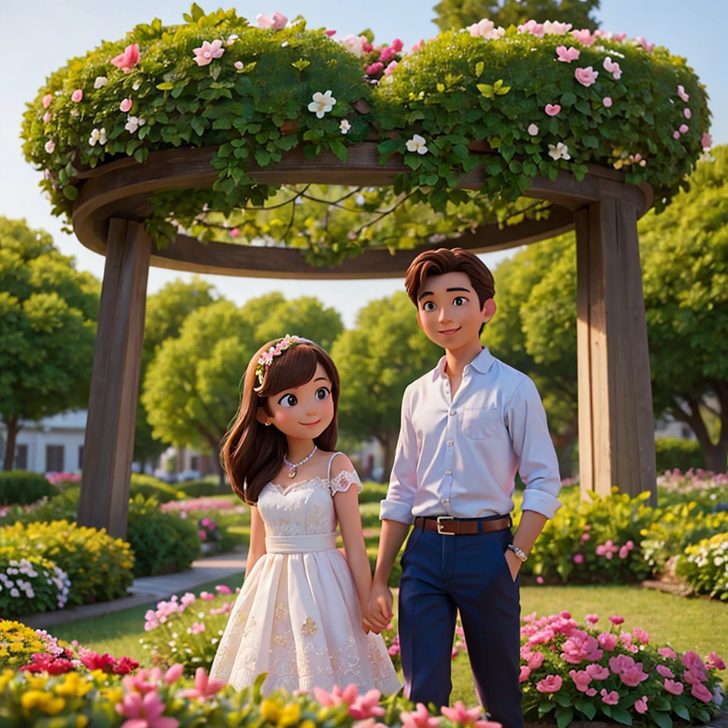 a beautiful girl and a handsome boy in a flower park, smiling