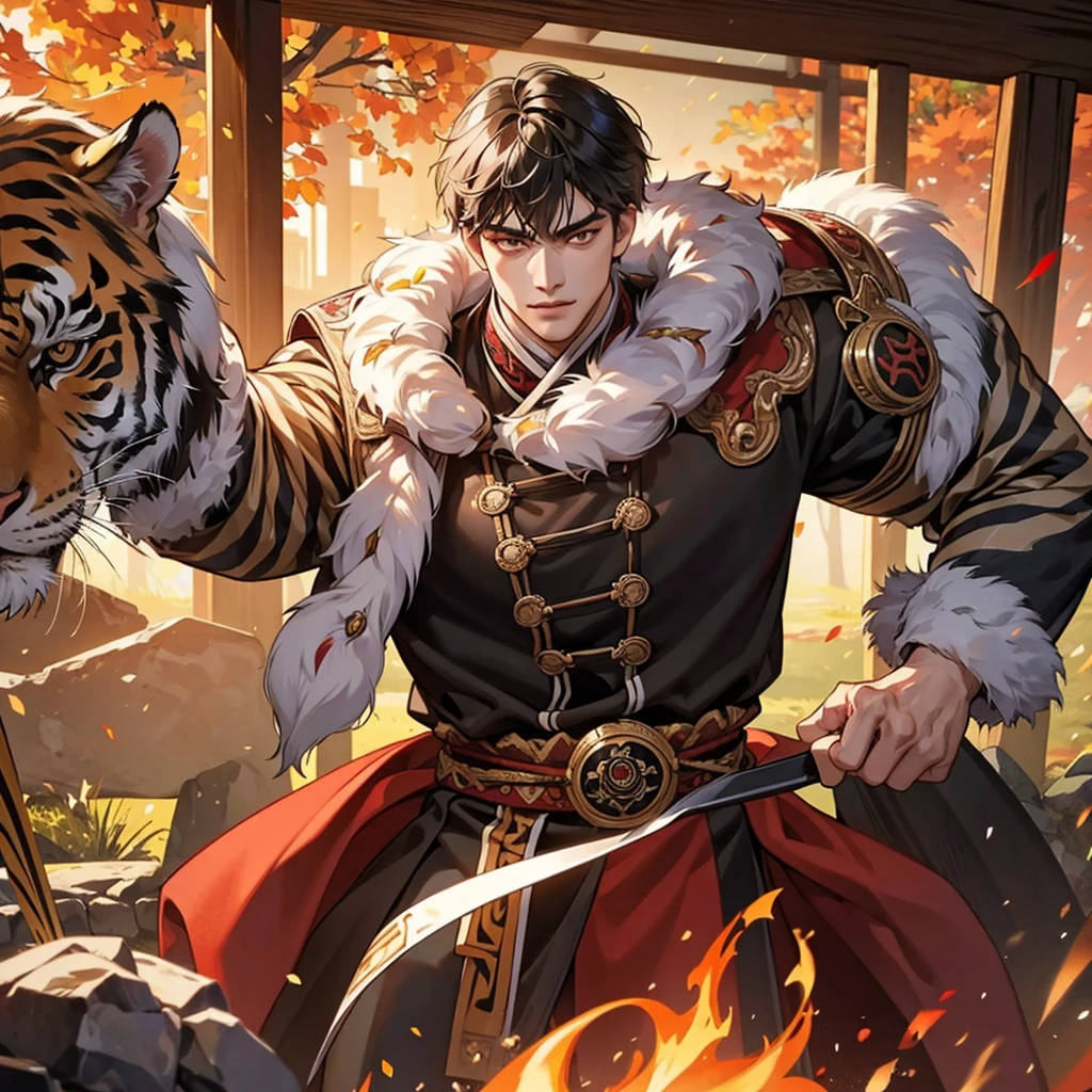 1 handsome genghis khan, manly, handsome, tiger ,  , demon slayer, 8k, hd, unreal engine, 