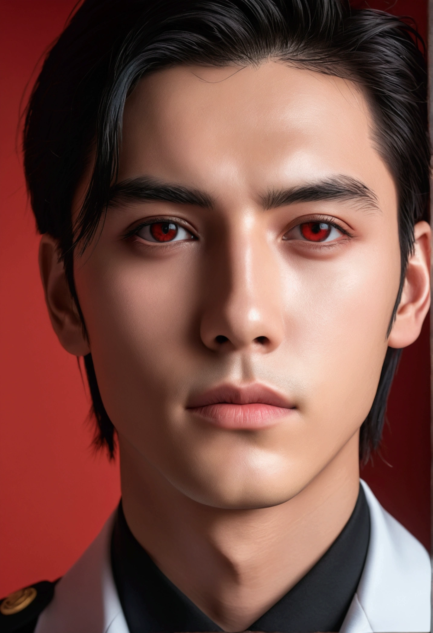 1 boy,,handsome,,charming,,students,,black hair,, with white strands,,red eyes,,lookinng seductively,,wearing a uniform,,juicy neck,, smooth skin,,long lashes,, pretty boy esthetic,, Red inviroment,,portrait,, 3/4 face viewA handsome boy with charming black hair and white strands, red eyes looking seductively, wearing a , with a juicy neck, smooth skin, and long lashes, in a red environment, portrait, 3/4 face view, (best quality,4k,8k,highres,masterpiece:1.2),ultra-detailed,(realistic,photorealistic,photo-realistic:1.37),HDR,UHD,studio lighting,ultra-fine painting,sharp focus,physically-based rendering,extreme detail description,professional,vivid colors,bokeh,portrait