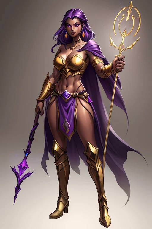 League of Legends character, Sorceress, 28 years old, dark skin, dark skinned female, long purple hair, purple eyes, purple lips, purple eyeliner, covered in tattoos, medium breasts, (holding a golden staff), (Wearing: golden hooped earrings, purple strapless top, loincloth, purple cape, golden armlets, golden boots:1.2). Whole body, Casual pose, Beautiful pose, (Extremely detailed CG 8k wallpaper), (Extremely delicate and beautiful), (Masterpiece), (Best quality: 1.0), (Ultra-high resolution: 1.0), Beautiful lighting, Perfect lighting, Realistic shadows, [high resolution], Detailed skin, Super detailed (((Colorful))), Digital art, League of Legends concept art, full body concept art, Expert concept art with high detail, concept-art, rpg game concept art, concept-art, Vonka Xu style, Video game concept art, 4K, full body portrait
