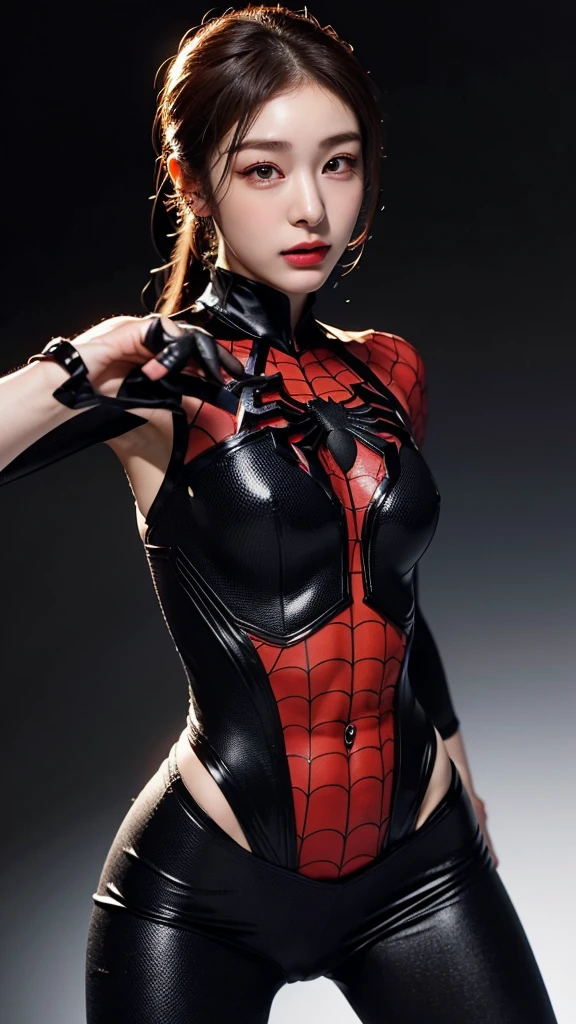 Masterpiece, (1 Brazilian girl: 1.2), realistic, 8K Ultra HD, high quality, blurred background, black and white Spiderman suit, Spiderman, (Spiderman pose 1.2), (clothing covers the whole body: 1.1), tight clothes, abdominal muscle contour, chest contour, short black hair, perfect face, shining face, super clear face, exquisite eyes, Japanese idol, (Chinese architecture tense background), ninja, ninja,