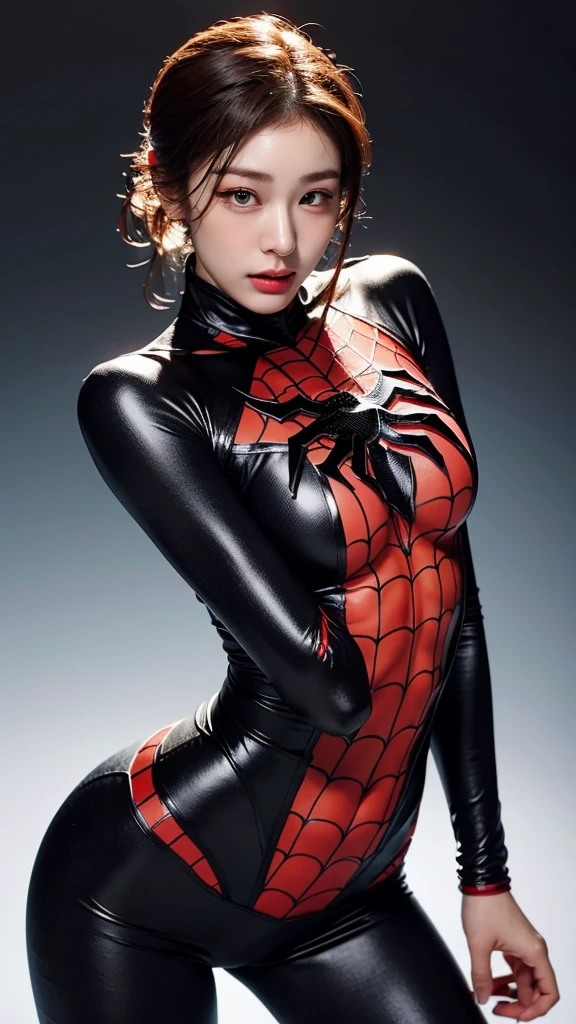 Masterpiece, (1 Brazilian girl: 1.2), realistic, 8K Ultra HD, high quality, blurred background, black and white Spiderman suit, Spiderman, (Spiderman pose 1.2), (clothing covers the whole body: 1.1), tight clothes, abdominal muscle contour, chest contour, short black hair, perfect face, shining face, super clear face, exquisite eyes, Japanese idol, (Chinese architecture tense background), ninja, ninja,