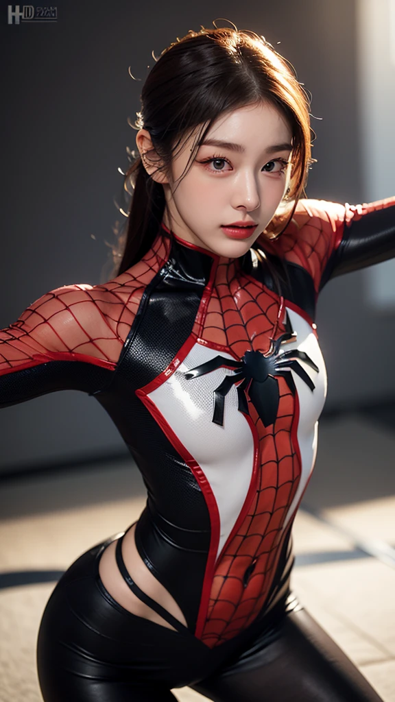 Masterpiece, (1 Brazilian girl: 1.2), realistic, 8K Ultra HD, high quality, blurred background, black and white Spiderman suit, Spiderman, (Spiderman pose 1.2), (clothing covers the whole body: 1.1), tight clothes, abdominal muscle contour, chest contour, short black hair, perfect face, shining face, super clear face, exquisite eyes, Japanese idol, (Chinese architecture tense background), ninja, ninja,