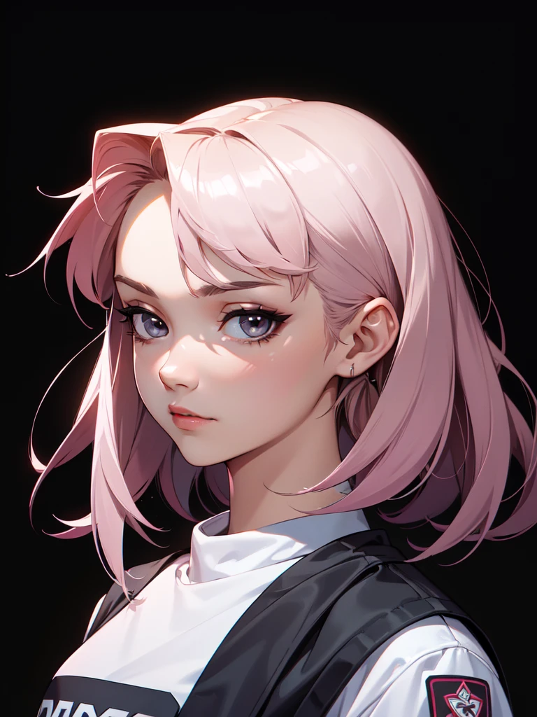 (((Portrait Photo))), She has a Calm and Youthful 15-Year-Old Appearance, with a Small, Slender Build, a Slim Figure, and a Lazy Demeanor. She has Medium-length, Tousled Hair, Light Gray with Pink Highlights, in a Casual Cut that Frames Her Face. She has Light Gray Eyes Express a Lazy Look, Giving Off a Carefree Attitude. She Wears an Oversized, Baggy Sports Jersey. (((High Quality, Dark Background))), (((Portrait Photo)))