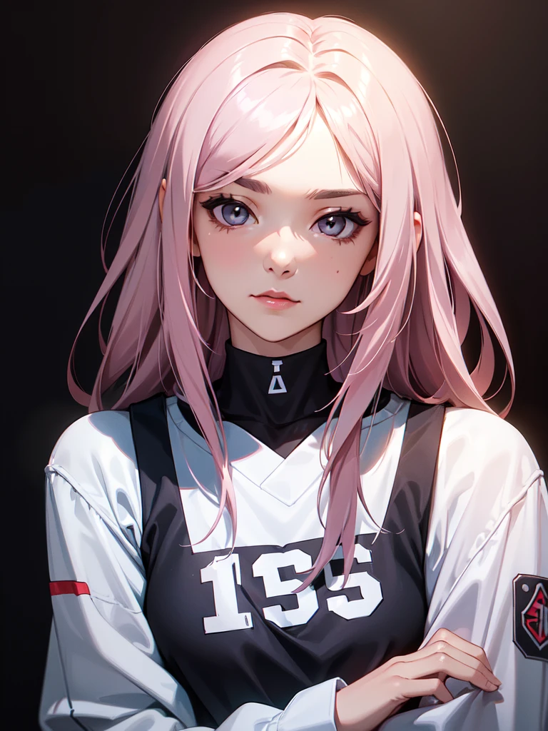(((Portrait Photo))), She has a Calm and Youthful 15-Year-Old Appearance, with a Small, Slender Build, a Slim Figure, and a Lazy Demeanor. She has Medium-length, Tousled Hair, Light Gray with Pink Highlights, in a Casual Cut that Frames Her Face. She has Light Gray Eyes Express a Lazy Look, Giving Off a Carefree Attitude. She Wears an Oversized, Baggy Sports Jersey. (((High Quality, Dark Background))), (((Portrait Photo)))