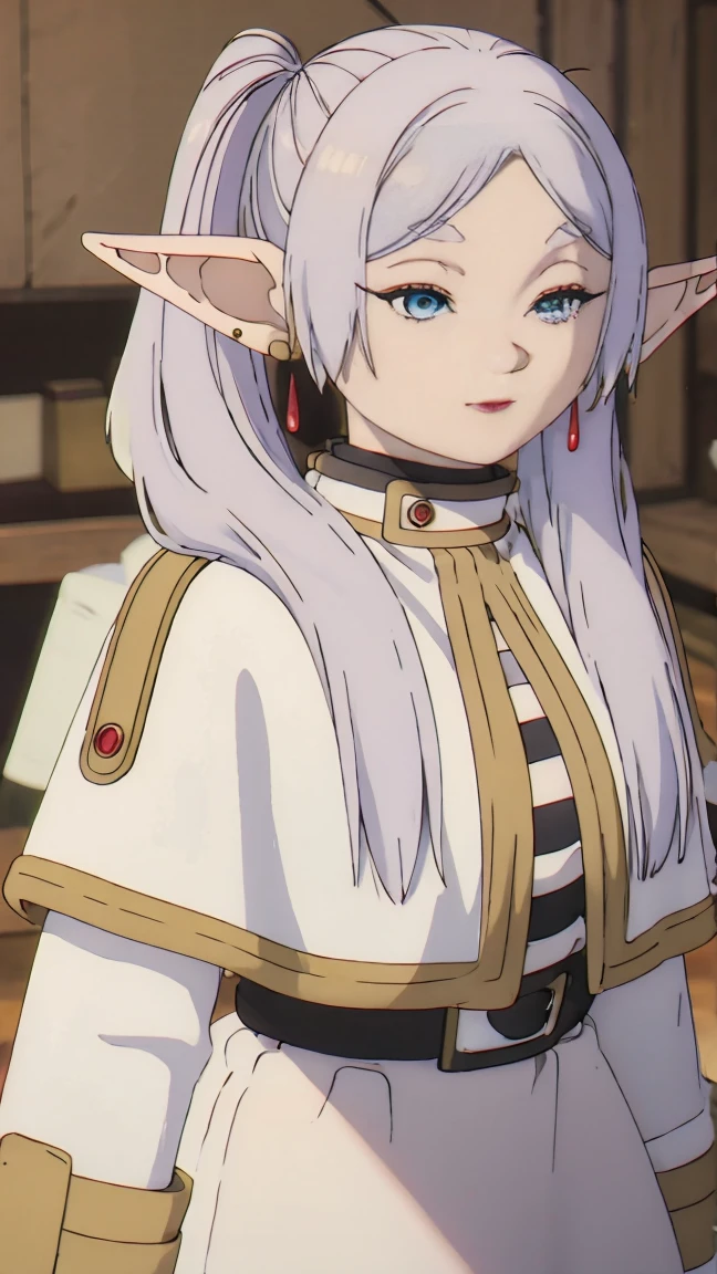 (Best quality, masterpiece),sexy,  Erotic, 18+, NFV, 1 girl, 30 years, deafening, Cute, smile, hourglass figure, maid costume, Beautiful food, , long white hair, two ponytails,blue detailed sparkling eyes, elf ears