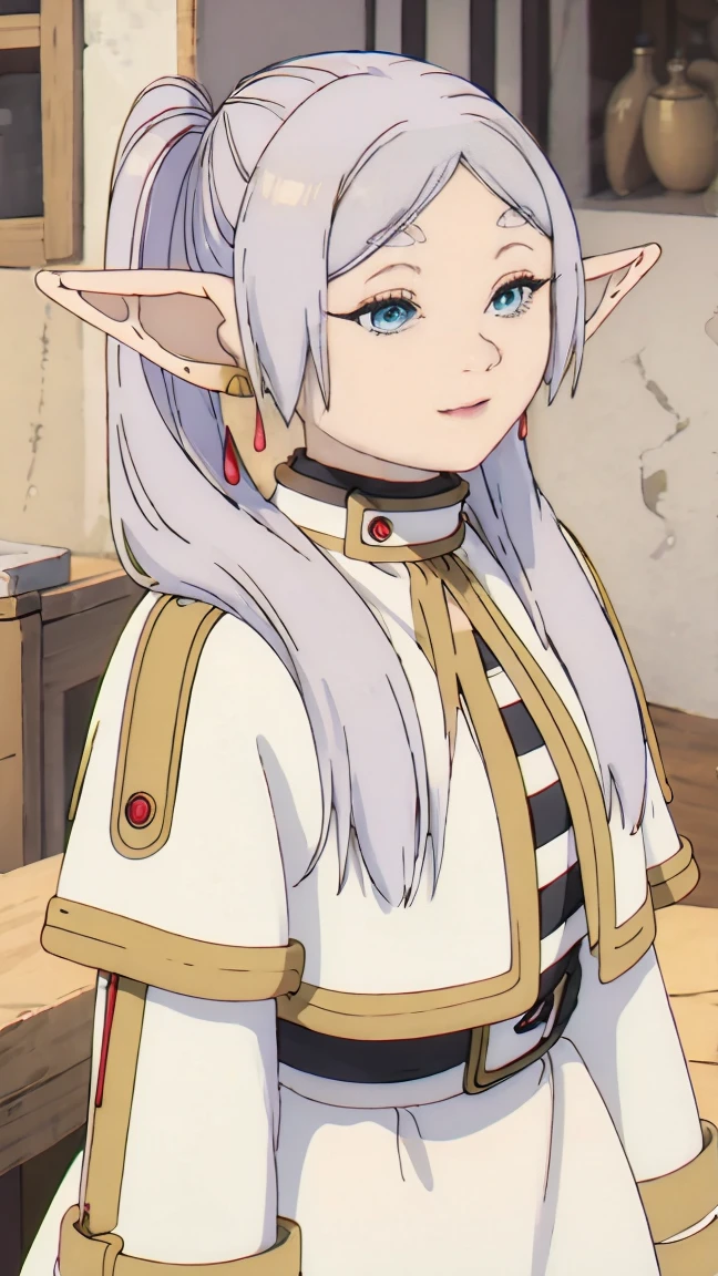 (Best quality, masterpiece),sexy,  Erotic, 18+, NFV, 1 girl, 30 years, deafening, Cute, smile, hourglass figure, maid costume, Beautiful food, , long white hair, two ponytails,blue detailed sparkling eyes, elf ears