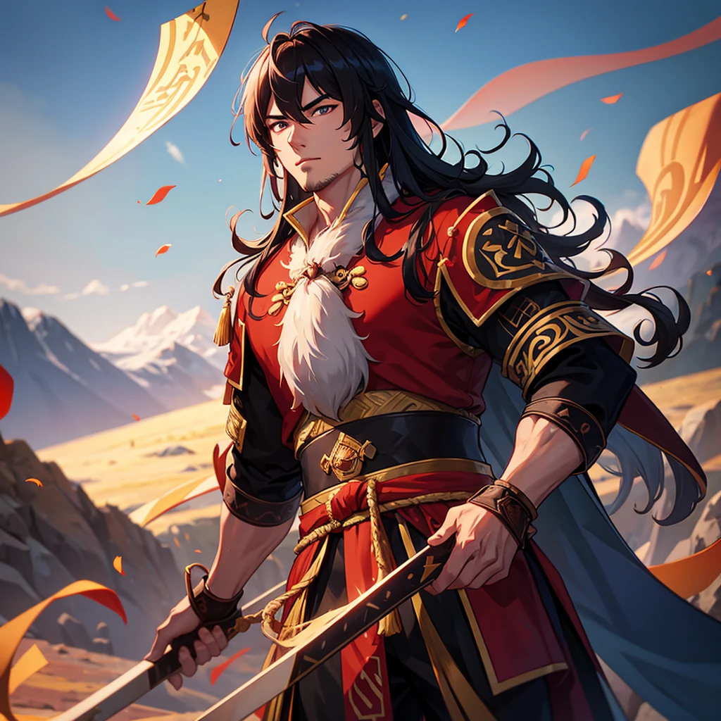 1 handsome genghis khan, manly, handsome, dragon , , demon slayer, 8k, hd, unreal engine,