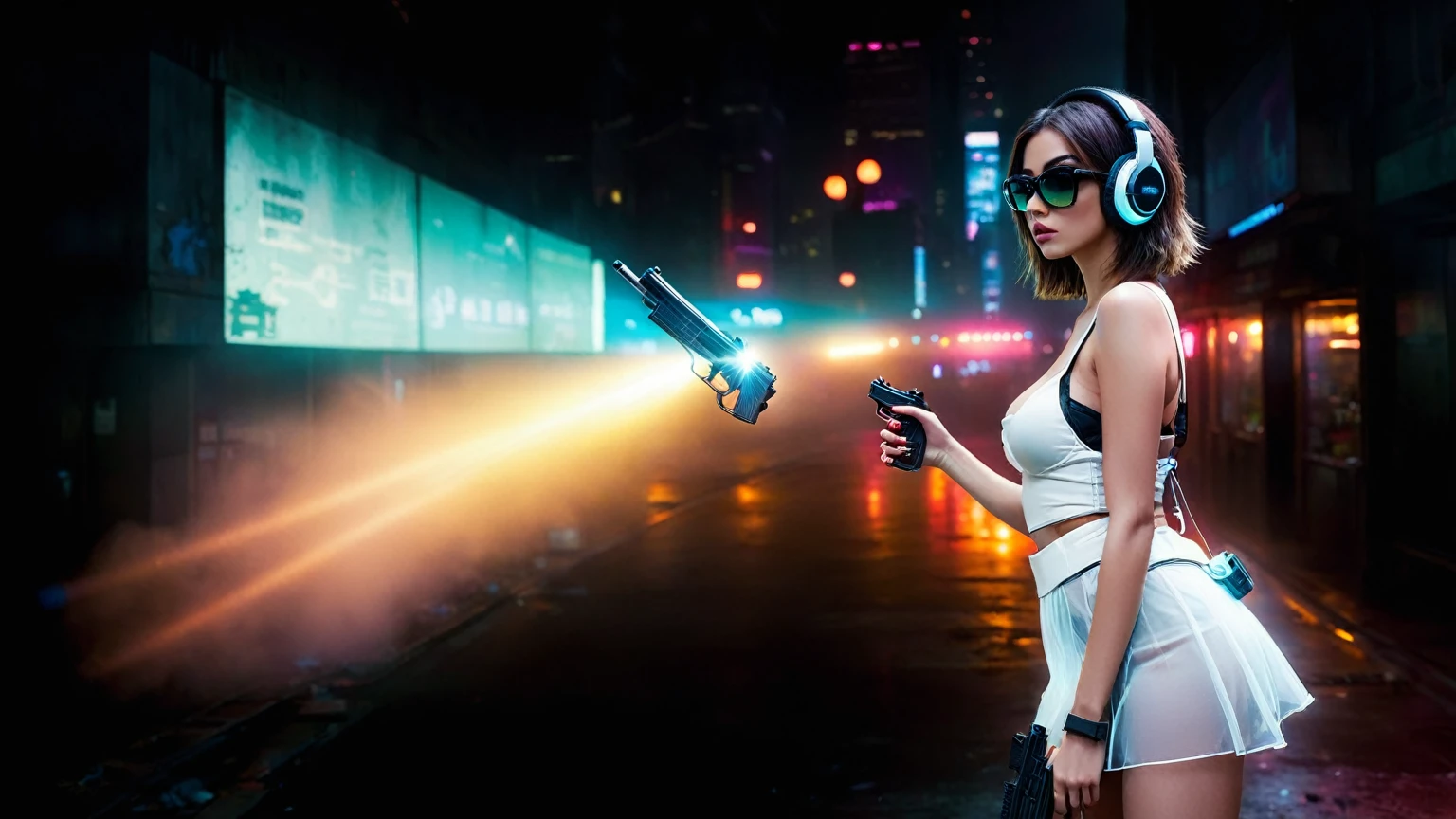 dark futuristic landscape, at night, neon lights, Atmospheric fog, large buildings in the background, futuristic city, streets with open shops, skyscraper (postapocalyptic city:1.3). (((1girl, solo, alone))), large-breast:1.2 slim body, cleavage:1.1, sexy miniskirt, (((headphone, black sunglasses, standing and holding pistol pose))), (((half-body thigh level medium shot))), cinematic lighting, lens flare, ray tracing.