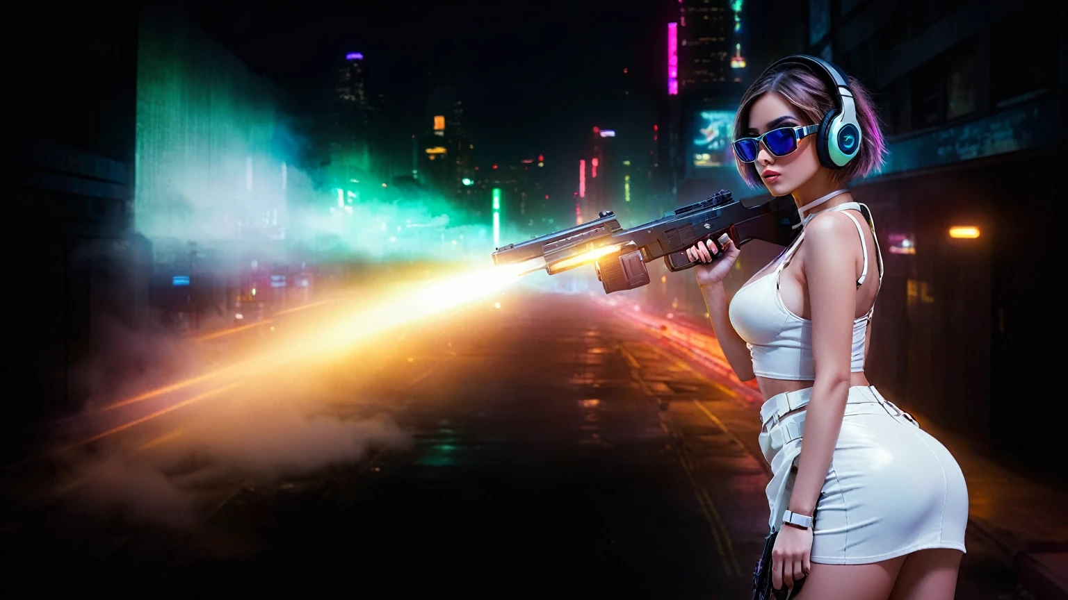 dark futuristic landscape, at night, neon lights, Atmospheric fog, large buildings in the background, futuristic city, streets with open shops, skyscraper (postapocalyptic city:1.3). (((1girl, solo, alone))), large-breast:1.2 slim body, cleavage:1.1, sexy miniskirt, (((headphone, black sunglasses, standing and holding pistol pose))), (((half-body thigh level medium shot))), cinematic lighting, lens flare, ray tracing.