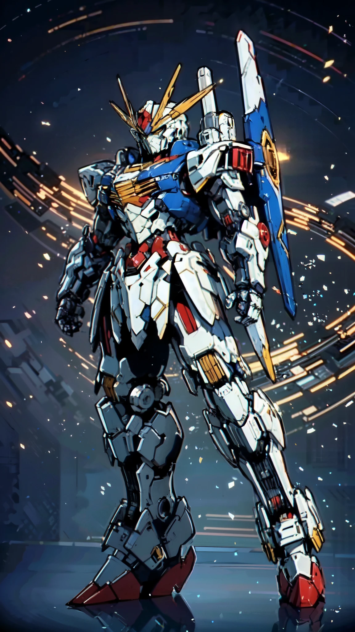 (masterpiece:1.5, best quality:1.5, extremely delicate:1.5), humanoid Mecha, fully enclosed shoulder guards, matching arm and leg guards, full body, full armor, the design balances heavy with agility, (the color scheme is primarily white with red and blue accents, the concept Inspired by Super robot, organic biotech armor, standing, floating high above the futuristic sci-fi city), exquisite and mature art style, (aura effect, energy, glowing eyes, the armor glows), ((SRS)), metallic, dramatic, high definition, highres, ultra-detailed, ultra-fine painting, professional, perfect body proportions, anatomically correct, symmetrical face, extremely detailed eyes and face, high quality eyes, creativity, RAW photo, UHD, 32k, Natural light, cinematic lighting, masterpiece-anatomy-perfect