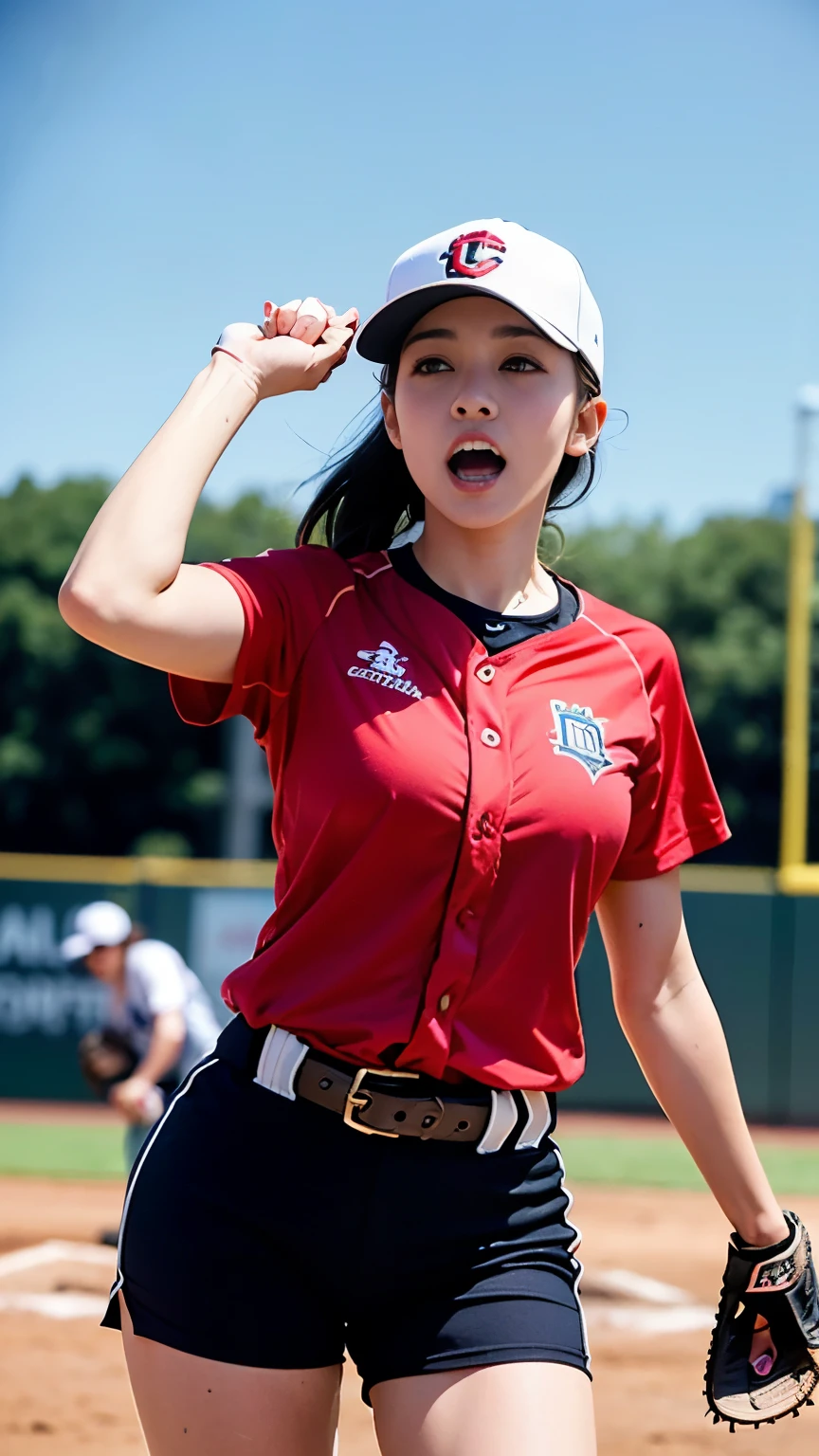 (((First Person))),(((Perfect anatomy, carefully drawn limbs with perfect joints and no excess or deformities))),(((The grandstands are filled with spectators))),The enthusiastic crowd roars,(((On the field of a softball field filled with enthusiastic spectators, a beautiful softball player with outstanding style stands on the pitcher's mound with a serious look in her eyes))),(((The softball uniform, with a baseball cap pulled down over the head and a short-sleeved, collarless shirt with a large number on the back, tucked into shorts and belted, is a clean々Shii,Wearing softball gloves, socks and spikes))),(((Capture the powerful moment of pitching with all your might in a full-body snapshot))),Speed,body幹の強い低い姿勢,Uplifting,(Capture the essence of the movement and the moment of the play),((The audience roars at the wonderful play of a beautiful softball player wearing a red uniform and shorts on a white background),((真剣な眼差しで美Shiiウインドミルからボールをリリースする瞬間の動きの本質を捉えた審判目線の4K全身撮影)),All in one,Gritting teeth,Sharp step,(Skin Dentition:1.5),Realistic and realistic,(masterpiece:1.5),(((Sports concept art))),Intricate details,Highly detailed and realistic,Octane Rendering,4k quality,(Sports Real Engine),Dynamic pose,4K Top Quality,High resolution,(Realistic Face:1.1),(Surreal:1.1), ((full_body)),((全身から涌き出るUpliftingを表現)),(((He has a slim, muscular body, but his strong legs and slim waist make him look very stylish.))),(4K full-body shot from the referee's point of view),(Shiny skin:1.2),(((Hairstyle))),(((Perfect hands))),(Highly detailed background),((整備された美Shiiフィールドに観客で一杯のスタジアムの背景が壮観)),A crucible of cheers and excitement,((Beauty condensed in 1girl)),((光を蓄えた美Shii瞳)),(Shiho wearing a necklace),(((滴る大量の汗が眩Shii))),(The short bob flows with your movements.),casting ,((Dramatic beauty)),披写界深度の深い美Shiiボケ,4K,Gothic,4K Digital SLR Camera,Fujifilm XT3 style,(Saiharu Body),(Delicate eyes and face),Professional Perspective,素晴らShiiディテール,(1girl condenses exceptional beauty),繊細でHigh noseを持つ美Shii顔,High nose, Clear chestnut eyes that glorify the light, Glossy red lips, light makeup,