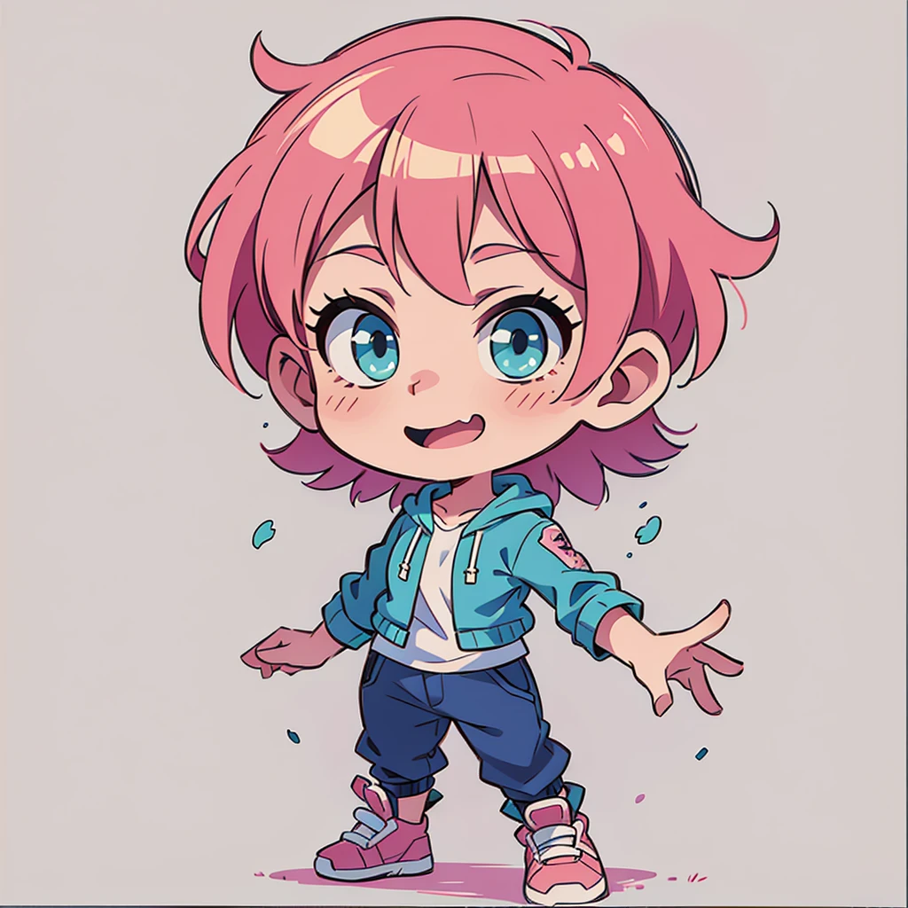 ((Quiet look))、Pink hair、short hair、Blue-green eyes、Simple clothes