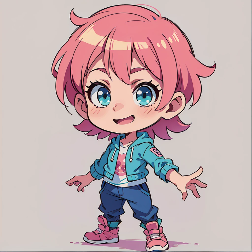 ((Quiet look))、Pink hair、short hair、Blue-green eyes、Simple clothes