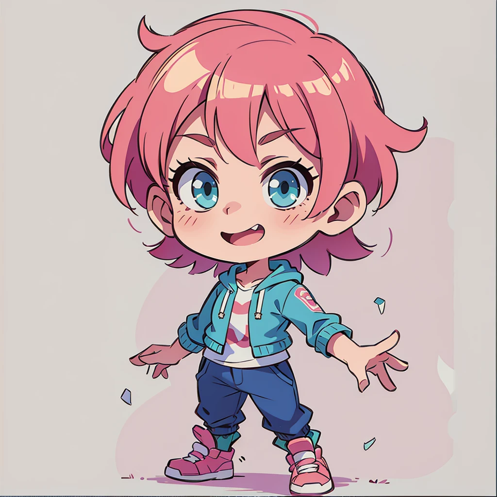 ((Quiet look))、Pink hair、short hair、Blue-green eyes、Simple clothes