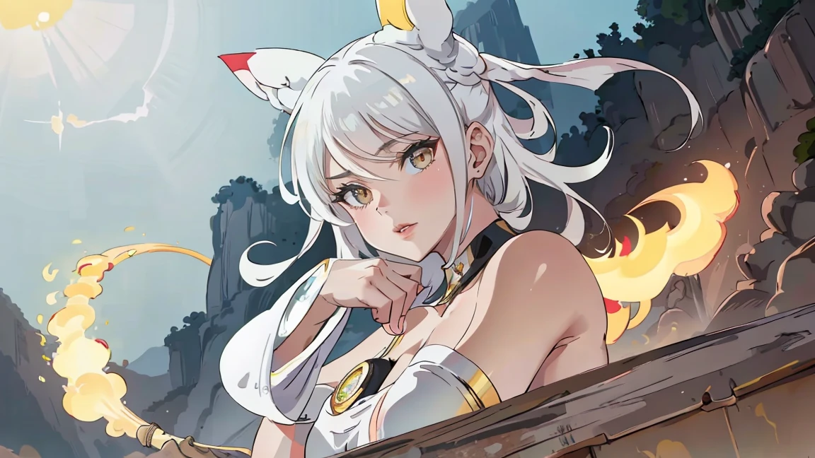 1 girl,  White hair, yellow eyes,   portrait, realistic, towel, (hit), Side lighting, wallpaper, NFV, full length (full body 1.1.), White hair, yellow eyes,  (animal ears|red horn:0.85),Navel,(masterpiece,Best quality:1.5),fiction, Raw photo, best photo, best photo quality, 8K quality, 8k ultra, bright skin, (bright eyes), detailed eyes, beautiful hair