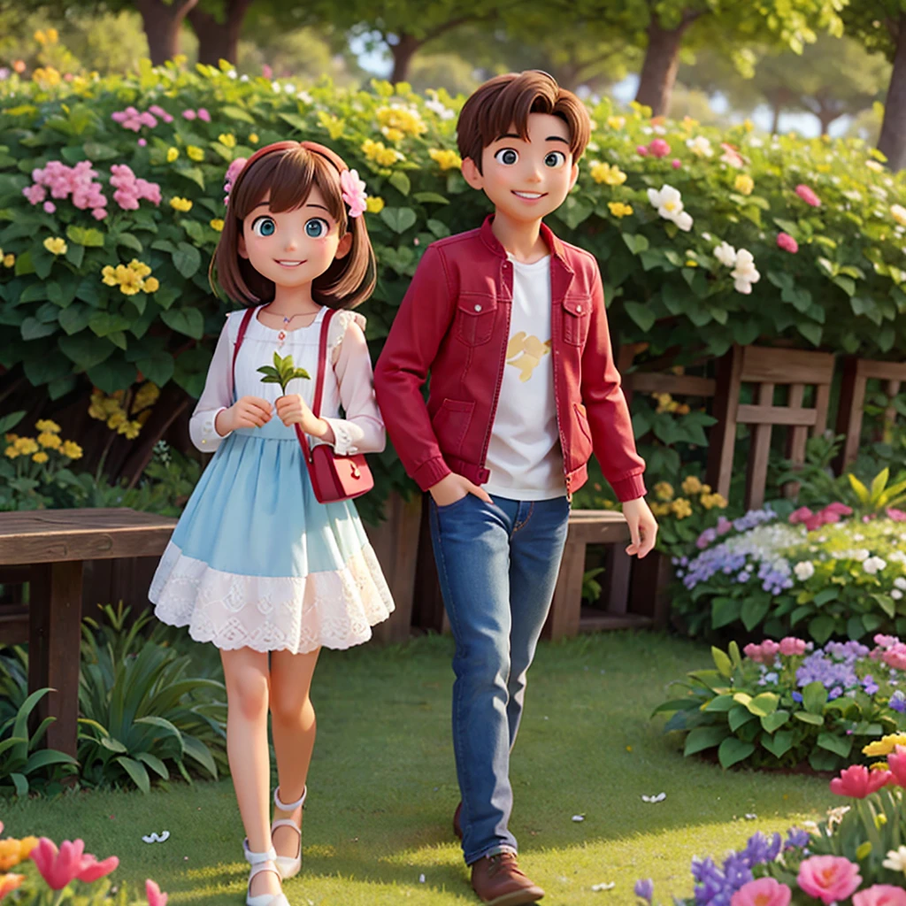 a beautiful girl and a handsome boy in a flower park, smiling