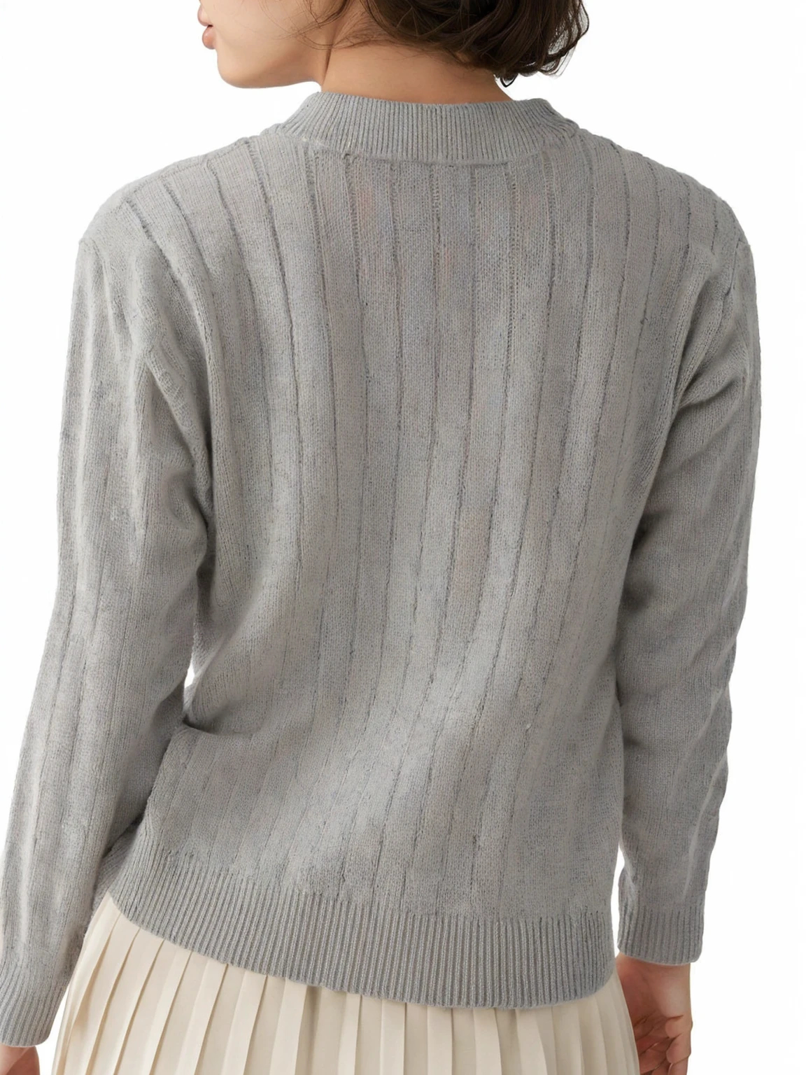 Close-up of a woman wearing a gray sweater and pleated skirt, photographed From the back, seen From the back, Rear view, From the back拍摄, shot From the back, From the back, Rear view, Close-up shot behind, Medium shot from behind, Over the Shoulder View, Rear view, Rear view also, unbelievably realistic