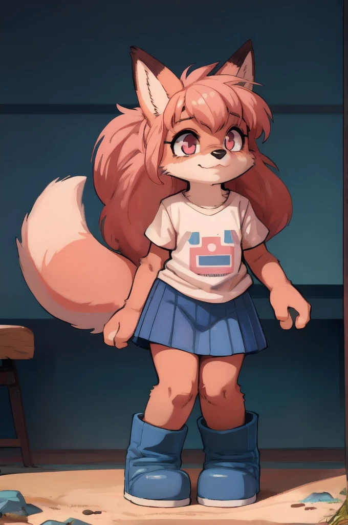 toddler, chibi, art by dagasi, Uploaded to e621.net, (Pixelsketcher), (wamudraws), (masterpiece), (HD), (high res), (feet visible), (furry anthro), (detailed fur), (detailed shading), (beautiful render art), pink hair, long hair, fluffy ears, small snout, anthro, (toddler dog), furry, (light pink fur), fox ears, (simple eyes, pink eyes), [(slim figure, flat chest, skinny)], (curvy hips), wearing a pink short-sleeved t-shirt, and blue skirt, light blue boots, wiggling his tail, playing innocently 