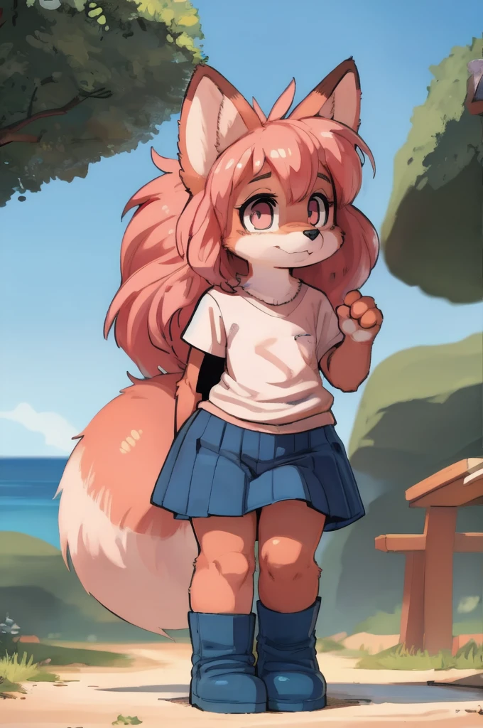 toddler, chibi, art by dagasi, Uploaded to e621.net, (Pixelsketcher), (wamudraws), (masterpiece), (HD), (high res), (feet visible), (furry anthro), (detailed fur), (detailed shading), (beautiful render art), pink hair, long hair, fluffy ears, small snout, anthro, (ddler dog), furry, (light pink fur), fox ears, (simple eyes, pink eyes), [(slim figure, flat chest, skinny)], (curvy hips), wearing a pink short-sleeved t-shirt, and blue skirt, light blue boots, wiggling his tail, playing innocently 