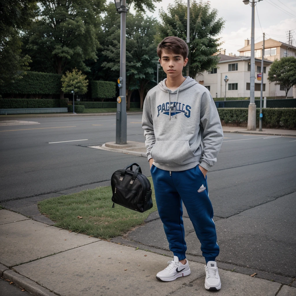A 15-year-old guy in joggers, sneakers and a sweatshirt