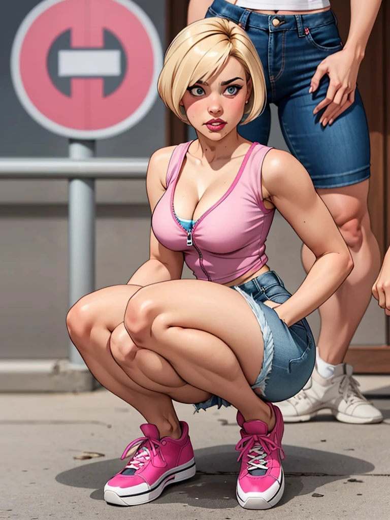 Blonde girl, with short hair, wearing a pink and white tank top, with cleavage, shiny and defined breasts, wearing short denim shorts, with the zipper open, squatting, hot girl, wearing pink sneakers