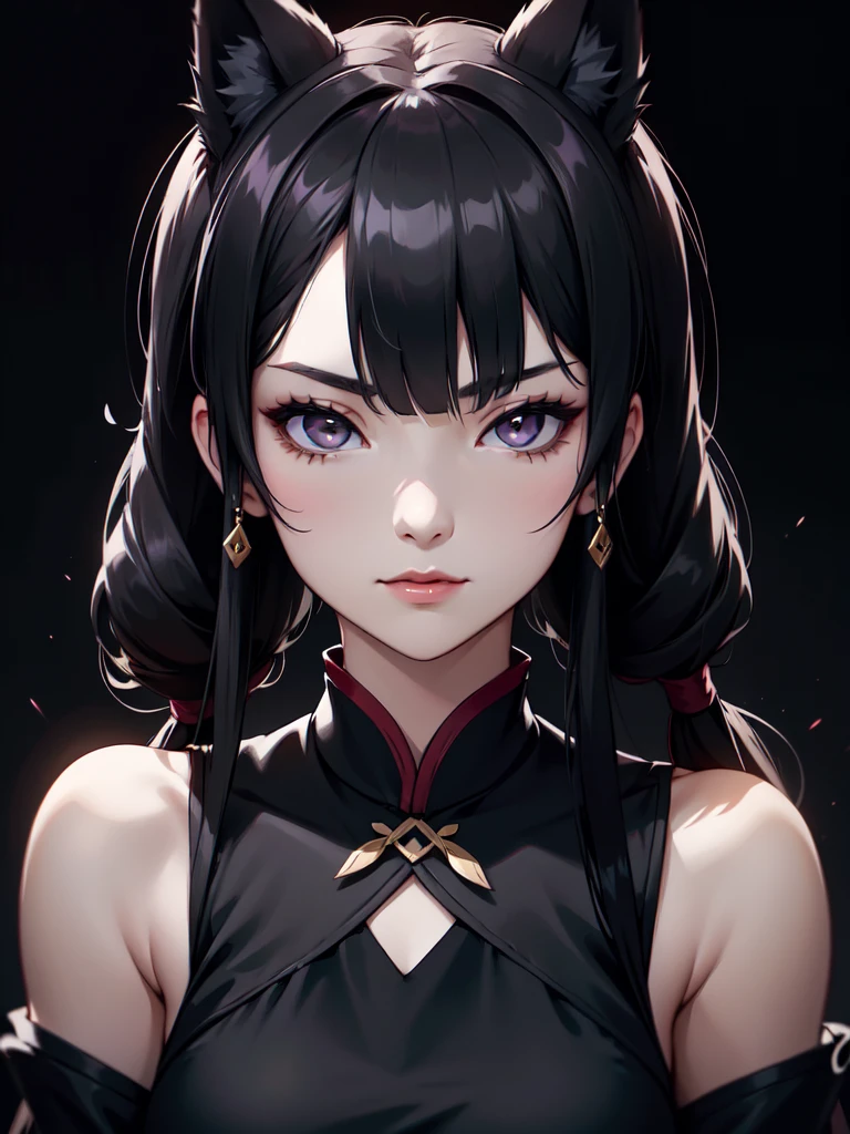 (((Portrait Photo))), She has a Graceful and Youthful 18-Year-Old Appearance, with a Strong, Muscular Build, and a Slender Figure. She has Long Black Hair, Styled in Pigtails with Twin Odang-Shaped Buns that Resemble Wolf Ears. Her Dark Gray Eyes Sparkle with Elegance, Exuding a Calm Attitude. She Wears a Black Traditional Cheongsam with Bare Shoulders and Loose Sleeves. (((High Quality, Dark Background))), (((Portrait Photo)))