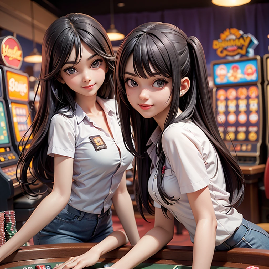 ((best quality)), ((masterpiece)), (detailed), happy and smile, {{indonesian girl}}, {wearing high school uniform}, teasing and waiting customer play, standing, playing in casino, red casino background, polite and kind, Sweet Face, roulette table, poker table, big slot machines right and left, win jackpot, {{no headwear, no hat}}, private casino, crowded gambling area in background, so crowded, so many people, las vegas, american, illusions, halloween casino, dont wear hat, no headwear, no hat, together with thailand and vietnam girl, 