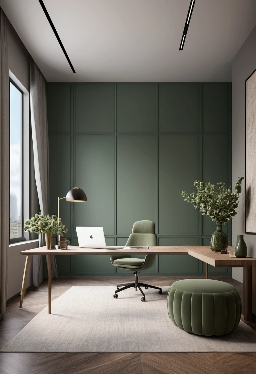 Professional 3d architecture rendering design of modern and minimal architecture office design with art and artichoke color and high quality and detail 
