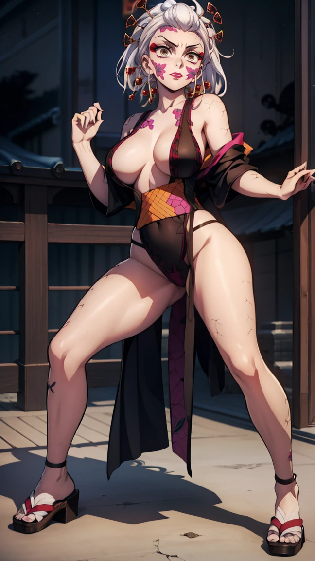 One Demon Girl, looks at the camera, Portrait of a girl, Beautiful waist, night, ancient japan, very sexy,  grin, fangs, mouth open, fighting stance, dynamic pose, fangs, smile, White hair, Erotica, very sexy, beautiful body is completely visible, masterpiece, Best quality, full length (Full body 1.1.), Beautiful waist, good feet, high quality, long hair, White hair с зелеными кончиками. Highly detailed face, depth of field, HDR, very detailed, Ray tracing, whole body, dark fantasy, Demon&#39;s tattoo, very beautiful, Beautiful ., 1 girl, solo, I look at the viewer, black hair, hair ornament, Jewelry, closed mouth, green eyes, yellow eyes, japanese clothes, kimono, draw up, pomade, slit pupils, Brilliant eyes, wicked, Red lips, hair stick