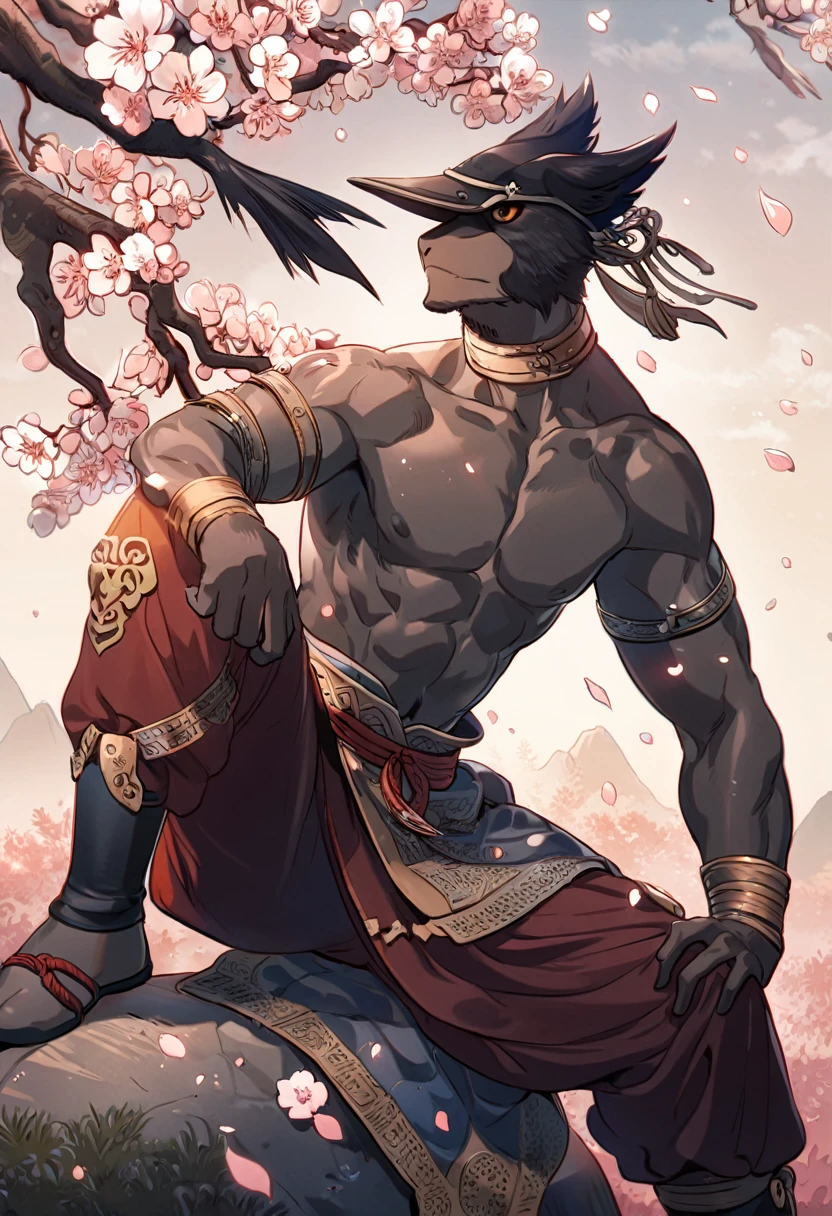 Male crow anthro, beautiful illustration, highly detailed, amazing art, stunning visuals, medieval Japan, sakura blossoms, sitting on a rock, without a shirt, strapping