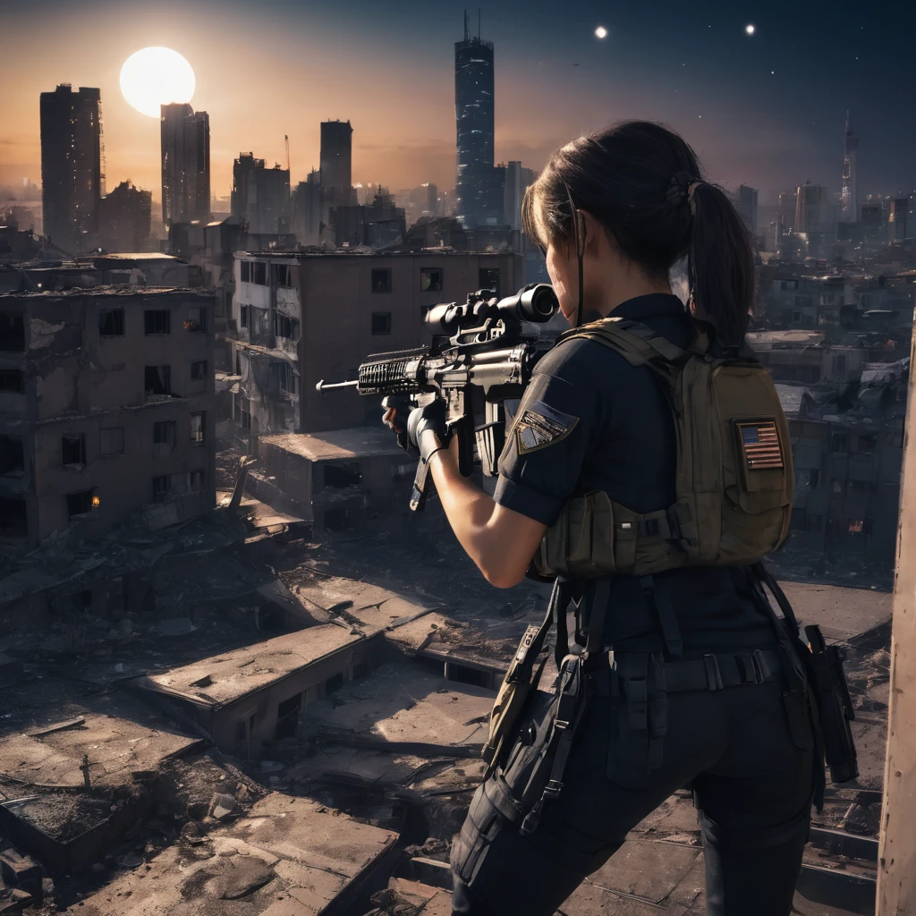 Highest quality, Highest quality, 16K, Unbelievably absurd, Very detailed, delicate and dynamic, Natural light, The particles reflect light, Diffuse reflection of light, Vortex of Light, war zone, bombs blusting around, dark outfield, ruined big city, roof top of ruined building, moon night, milky way, illumination, Create amazing image effects, Upper body close-up, (sole sexy girl, big Firm bust, , powerful, A professional sniper,, shooting a target with M16 auto rifle, swat uniform,)
