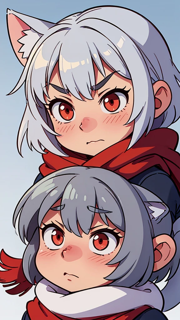 The character is simply drawn of a muller-haired gray cat ,MADE MY CHARACTER'S COLD EMOTION WITH A RED SCARF ,My character has a cold expression with a red scarf, her face is cutely wrinkled because of the cold, and she breathes out cold air >-<.