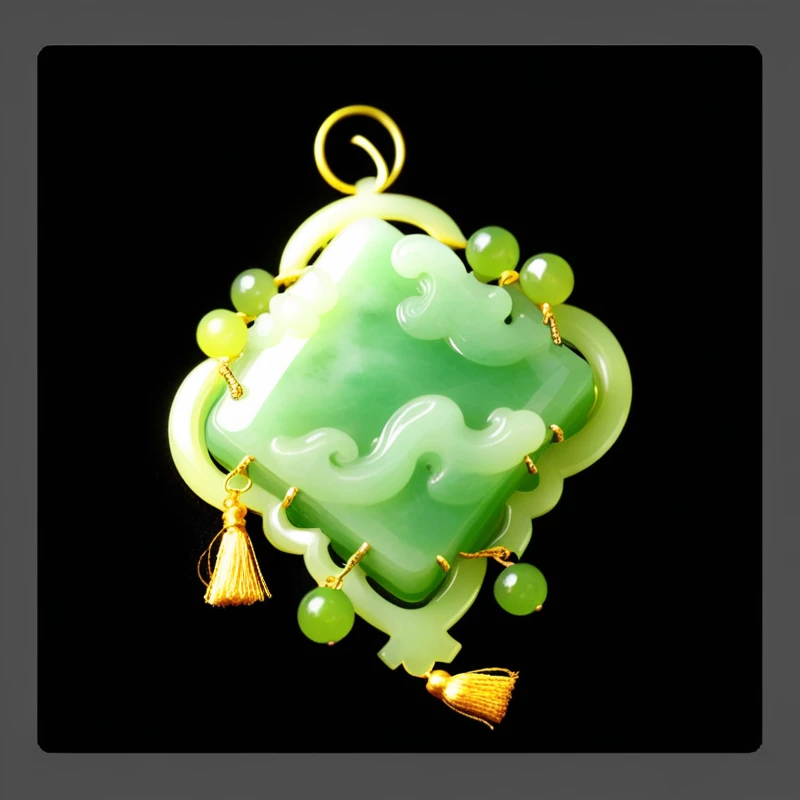 绿色的Jade Pendant,Golden tassels。Jade Pendant,Game Resources。 雕刻着花纹的Jade Pendant