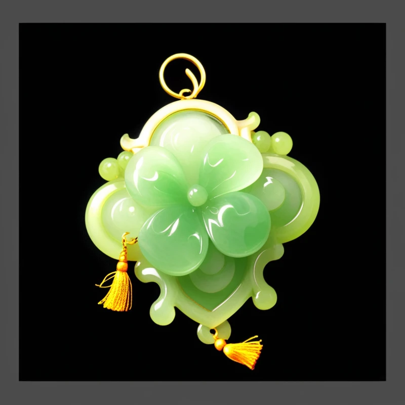 绿色的Jade Pendant，Golden tassels。Jade Pendant，Game Resources。 雕刻着花纹的Jade Pendant