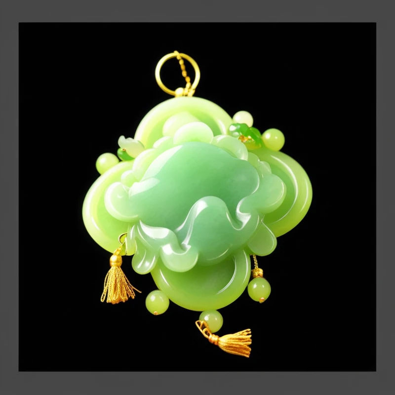 绿色的Jade Pendant,Golden tassels。Jade Pendant,Game Resources。 雕刻着花纹的Jade Pendant