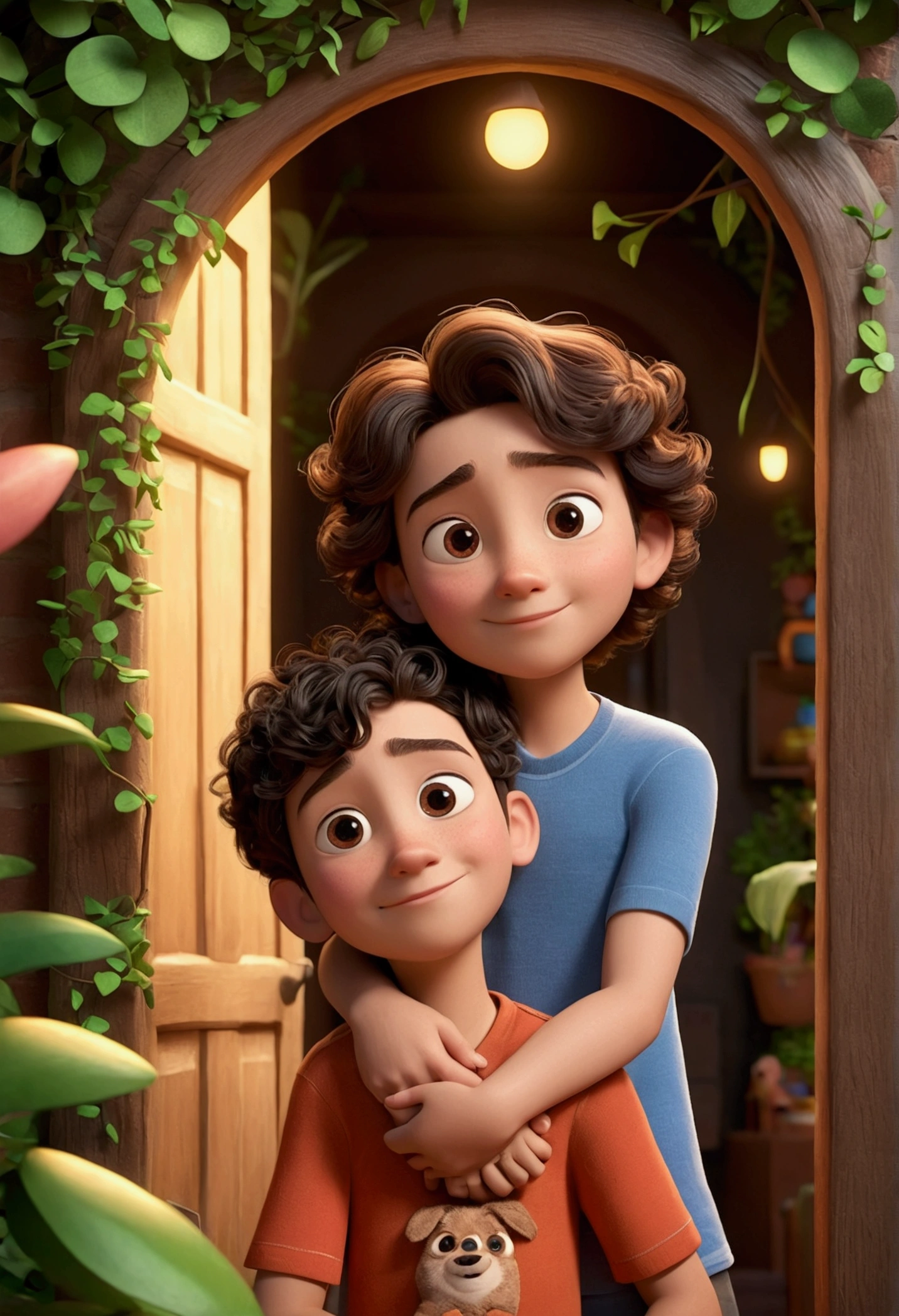 Create a 3D poster in the style of Disney Pixar, they are hugging, The boy has white skin, dark brown hair and dark brown eyes., dark and curly hair, and the other has dark skin, dark eyes )) ((all this in Disney PIXAR 3D style, in the back, A house of gyrestudio gloria, The garden is full of nature. 3D rendering of RTX clay material., cardboard design style, POP Market, soft lighting, soft lines, Spring tilt, Detailed 3D PIXAR artwork, Hyperrealistic details, Warm color in Disney PIXAR 3D style))