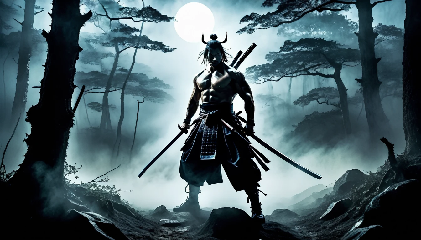 A futuristic gothic style Samuray, a samurai wielding a katana, strong as a bodybuilder. In a tense and threatening atmosphere, with deep shadows and between the trees a giant yok lurks, "lunar illumination, fog, mist, high angle view, the samuray with his back looking fixedly at the giant Rokurokubi in the middle of the darkness, battlefield of dark war, low lighting. The images were formed in a way that exudes fear among all who witness their presence, in a horror style.