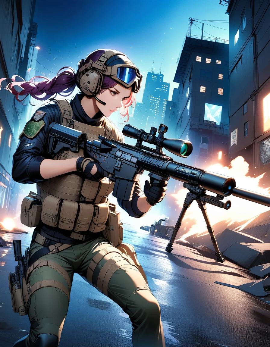 a highly detailed photorealistic military sniper in a tactical combat scenario, realistic tactical gear, NVG night vision goggles, extreme precision sniper rifle, dramatic lighting, tense action pose, gritty urban environment, cinematic composition, muted color palette, photorealistic rendering, 8k, best quality