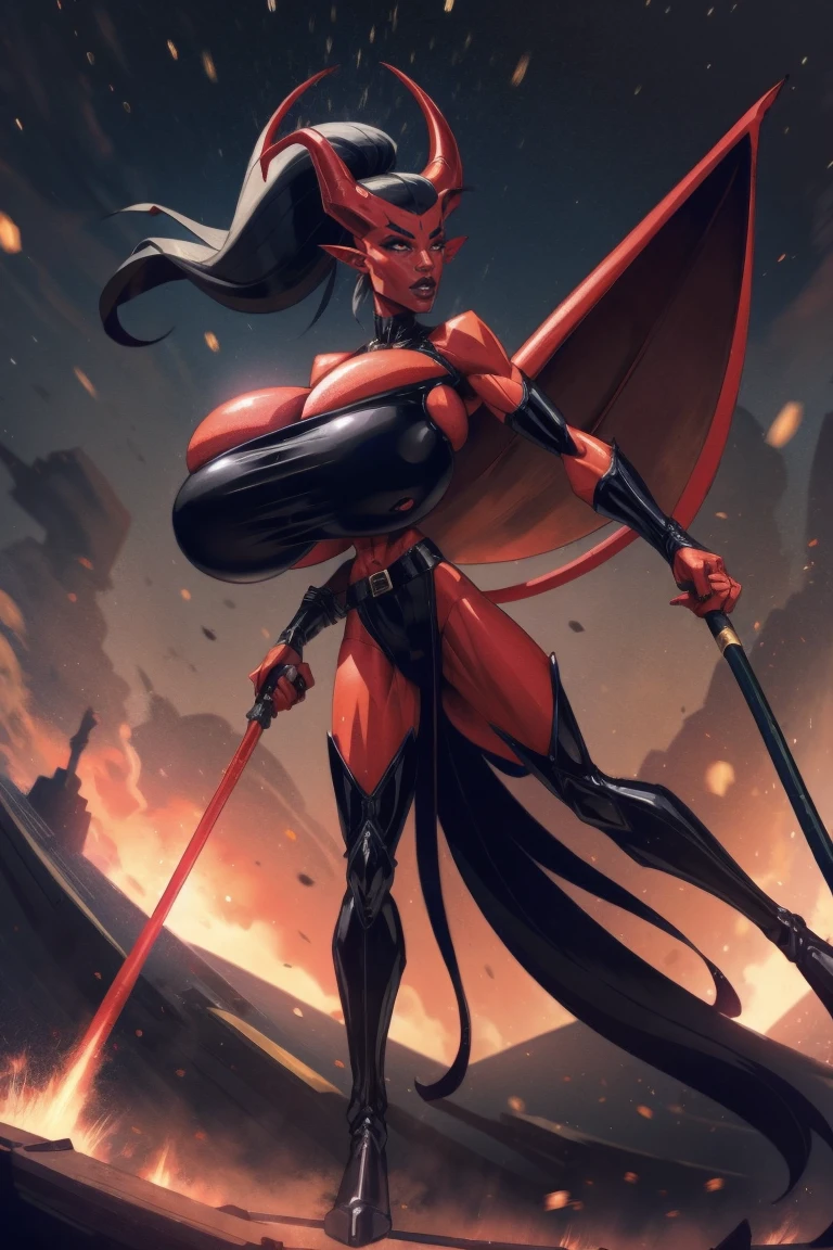 Red skin succubus tiefling, digitigrade legs, full breasts, huge breasts, black horns, wings, huge tail, black leather, crop top, long flowing pelvic curtain, tall, athletic, graceful, thin, long black ponytail. Action scene, whip. Dark scene, explosions, night sky.