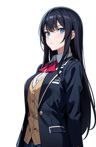 standing, from front, cowboy shot,one girl, Black hair, long hair, straight hair,Blue eyes, white skin, Uneasiness, teenager, high school girl, , jacket/blazer, slim, looking at viewer, white background