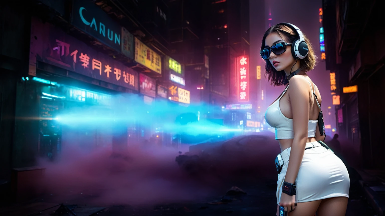 dark futuristic landscape, at night, neon lights, Atmospheric fog, large buildings in the background, futuristic city, streets with open shops, skyscraper (postapocalyptic city:1.3). (((1girl, solo, alone))), large-breast:1.2 slim body, cleavage:1.1, sexy miniskirt, (((headphone, black sunglasses, standing and holding pistol pose))), (((half-body thigh level medium shot))), cinematic lighting, lens flare, ray tracing.