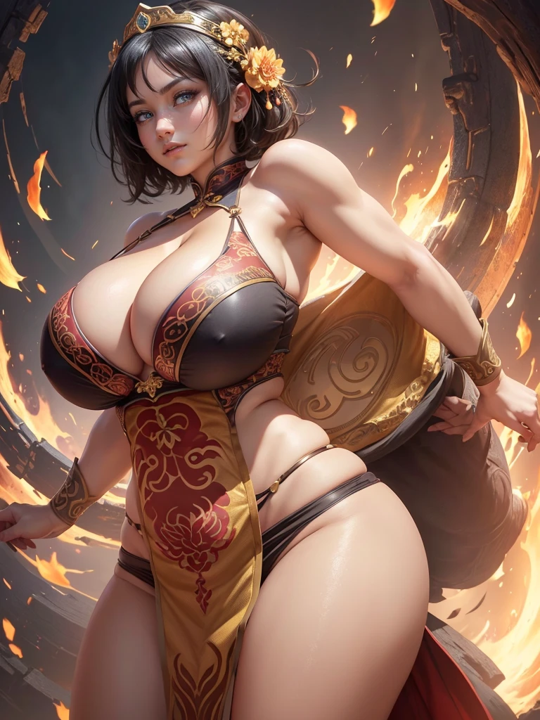 Highly detailed CG unit 8k wallpaper, masterpiece, High resolution, highest quality, highest quality real texture skin, Super Real, Digital Painting, Best image quality, 最High resolution, 8k, ((Highly detailed eyes and face)), 1girl, Beautiful eyes every detail, Full Body Shot, profile, (((Saggy breasts, Gravity-dependent breasts, long chest, Heavy chest, ))), ((disproportionate breasts, huge breasts, sagging breasts, Cleavage, gigantic breasts, erect nipple,)), short hair, Tube top, Loincloth, Chinese style embroidery, china dress, chinese dress, ancient China, evil grin, smile, black hair,