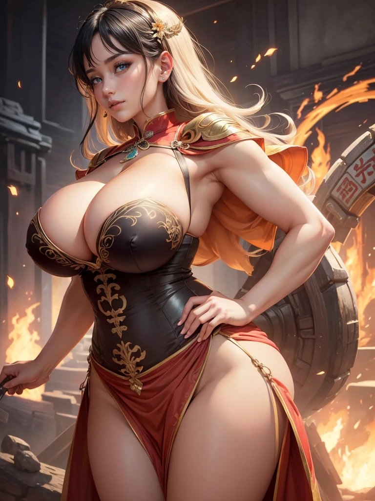 Highly detailed CG unit 8k wallpaper, masterpiece, High resolution, highest quality, highest quality real texture skin, Super Real, Digital Painting, Best image quality, 最High resolution, 8k, ((Highly detailed eyes and face)), 1girl, Beautiful eyes every detail, Full Body Shot, profile, (((Saggy breasts, Gravity-dependent breasts, long chest, Heavy chest, ))), ((disproportionate breasts, huge breasts, sagging breasts, Cleavage, gigantic breasts, erect nipple,)), short hair, Tube top, Loincloth, Chinese style embroidery, china dress, chinese dress, ancient China, evil grin, smile, black hair,