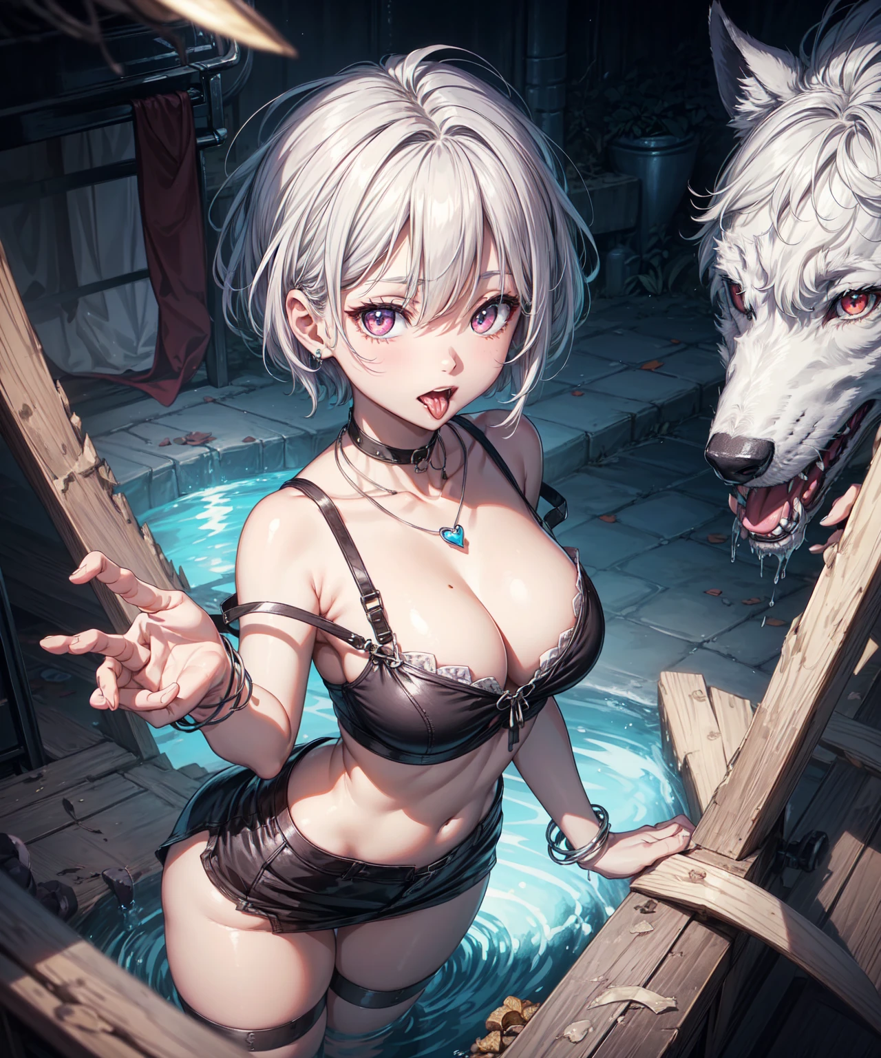 (Highest quality、High resolution、8k、masterpiece)。Look away、Open your mouth、Pink Eyes、Silver Hair、Heart shaped pupil、teeth、tongue、tongueを出す、（Original Character, (1 Girl)、Perfect Face、((short hair:1.2))、(Hair above one eye:1.3)、[[Disheveled Hair]]、Detailed eyes that shine、Light and shadow、Glowing Skin、 (Curvy but slim), ((High angle shot))、Sexy look、Use something sexy、（background：Remains）Full body、bracelet、necklace、Rough Fashion、Disheveled clothes、Oversized clothes、Follow the Silver Wolf、