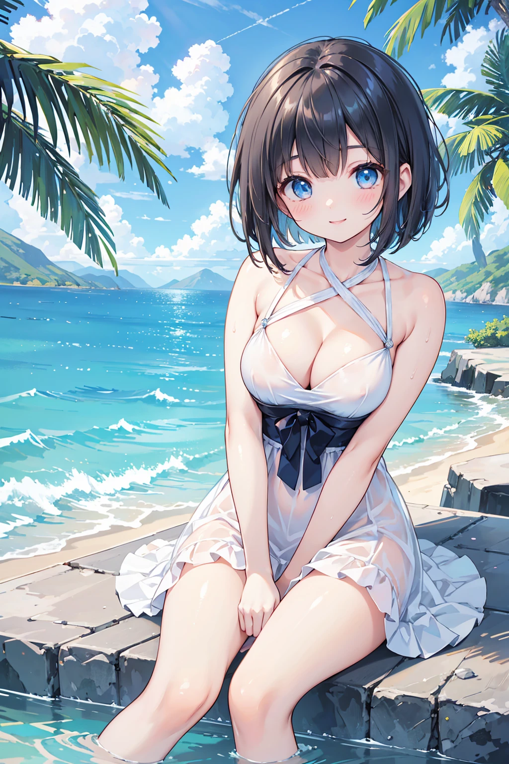 Photorealistic、Highest quality、Highest Resolution、Highest quality、16K、One beautiful woman、cute、Bob Cut Hair、Dark Hair Color、Light blue eyes、、Beautiful breasts、cutan、looks fun、smile、