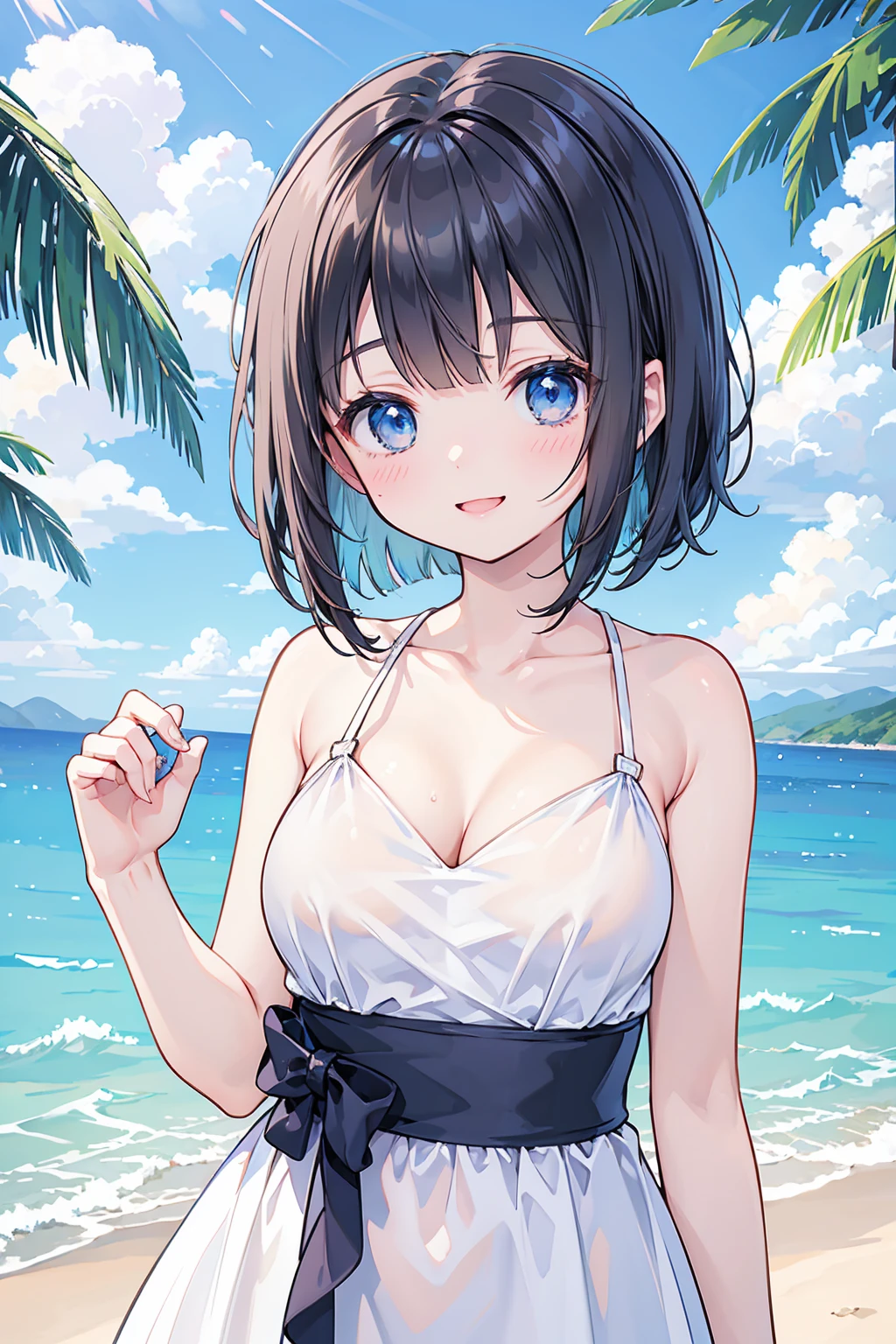 Photorealistic、Highest quality、Highest Resolution、Highest quality、16K、One beautiful woman、cute、Bob Cut Hair、Dark Hair Color、Light blue eyes、Big Breasts、Beautiful breasts、cute水着、Ocean、looks fun、smile、