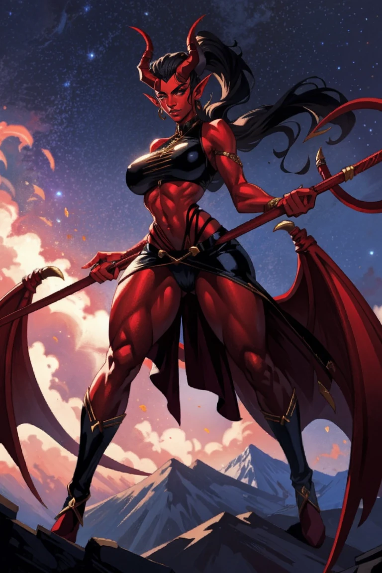 Red skin succubus tiefling, digitigrade legs, full breasts, huge breasts, black horns, wings, huge tail, black leather, crop top, long flowing pelvic curtain, tall, athletic, graceful, thin, long black ponytail. Action scene, whip. Dark scene, explosions, night sky.