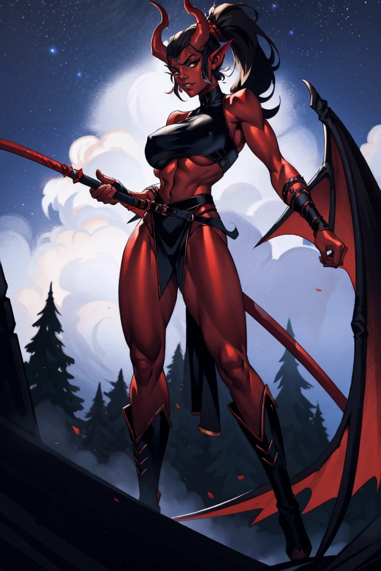 Red skin succubus tiefling, digitigrade legs, full breasts, huge breasts, black horns, wings, huge tail, black leather, crop top, long flowing pelvic curtain, tall, athletic, graceful, thin, long black ponytail. Action scene, whip. Dark scene, explosions, night sky.